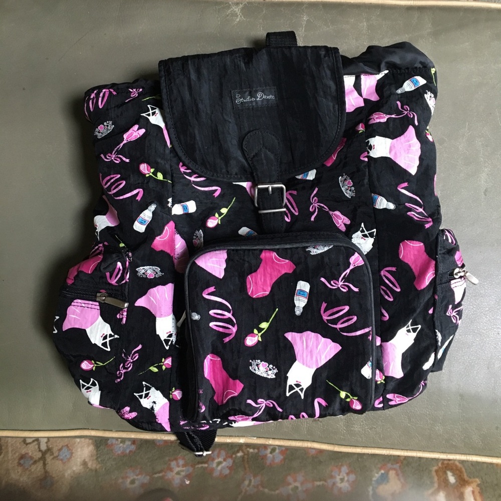 Black backpack three outside zipped pockets